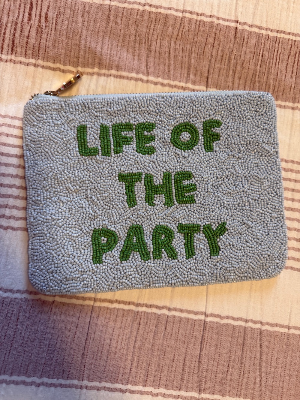 kate spade Gray Beaded Pouch with Green Lettering “LIFE OF THE PARTY”